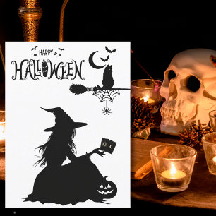 Postal Bruja elegante Tarot Gato Luna y Estrellas Hallowe