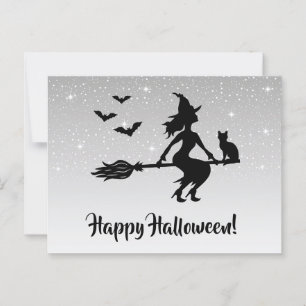 Postal Bruja En Escoba Gris Plateado Y Negro Halloween