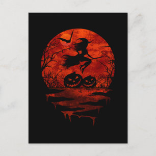 POSTAL BRUJA EN ESCOBA LUNA ROJA