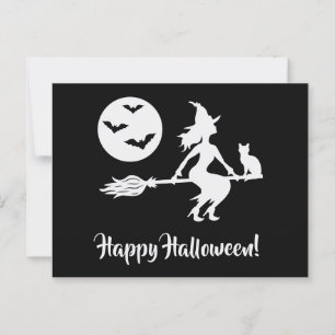 Postal Bruja En Escoba Negro Y Blanco Feliz Halloween