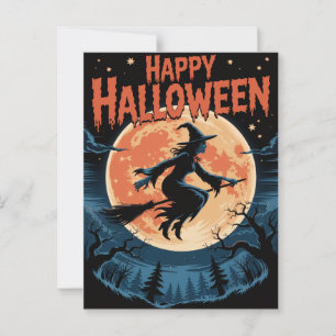 Postal Bruja espeluznante de Halloween volando a través d