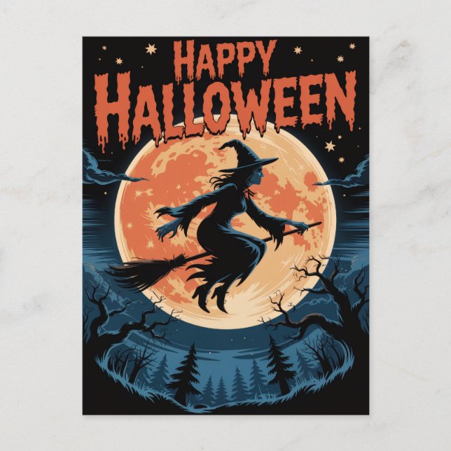 Postal Bruja espeluznante de Halloween volando a través d (Anverso)