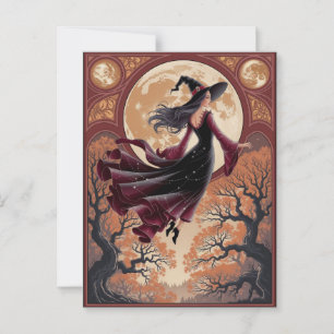 Postal Bruja espeluznante de Halloween volando a través d