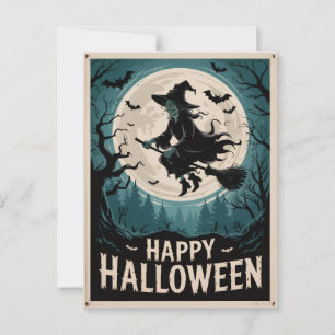 Postal Bruja espeluznante de Halloween volando a través d
