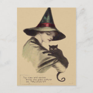 Postal Bruja Feliz Sonriente Gato Negro