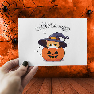 Postal Bruja Gata Pelirroja Linda con Jack-O-Lantern de H