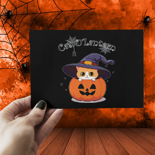 Postal Bruja Gata Pelirroja Linda con Jack-O-Lantern de H