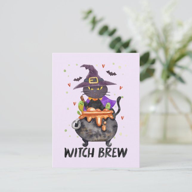 Postal Bruja - Gato de bruja de Halloween en un caldero (Anverso de pie)