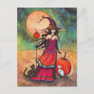 Postal Bruja Gato Luna de Octubre Fantasía Arte de Hallow