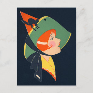 Postal Bruja Gato Negro Art Deco