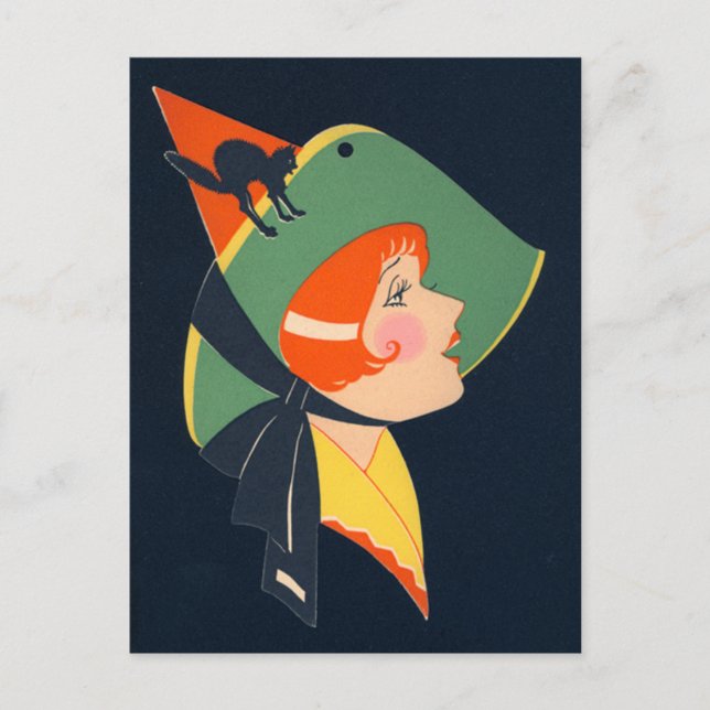 Postal Bruja Gato Negro Art Deco (Anverso)