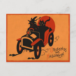 Postal Bruja Gato Negro Coche Luna Llena