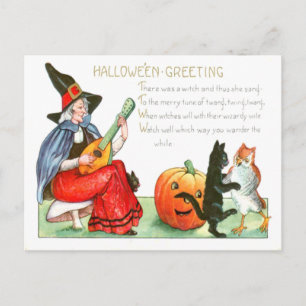 Postal Bruja Gato Negro Guitarra Jack O Lantern Búho