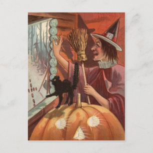 Postal Bruja Gato Negro Jack O Lantern Calabaza