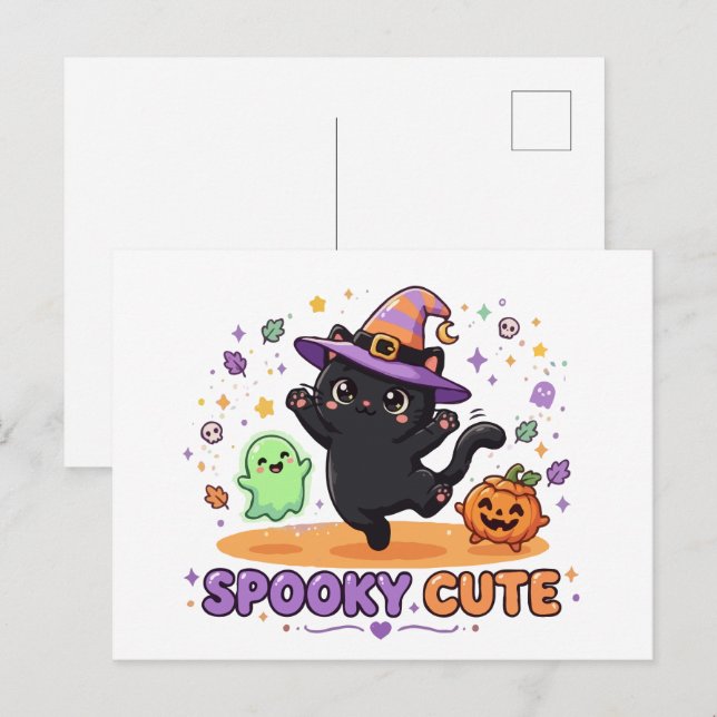 Postal Bruja Gato Negro Lindo Halloween (Anverso / Reverso)