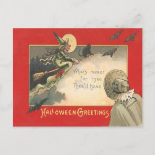Postal Bruja Gato Negro Luna Llena Murciélago Árbol Mujer