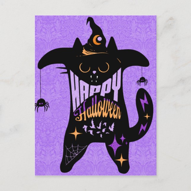 Postal Bruja Gato Negro Retro Divertido Halloween  (Anverso)