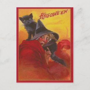 Postal Bruja Gato Negro Vintage Halloween