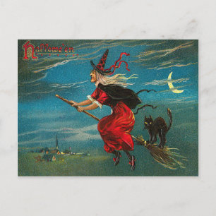 Postal Bruja Gato Negro Volador Luna Creciente