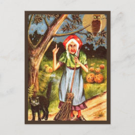 Postal Bruja, gato negro y búho - Halloween vintage