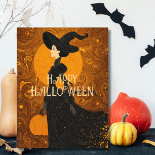 Postal Bruja Gótica Calabaza Halloween Elegante Art Nouve