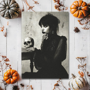 Postal Bruja gótica vintage con calavera
