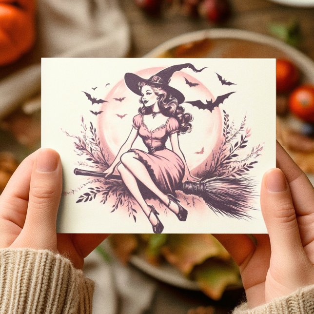 Postal Bruja Hermosa Vintage en Escoba (Subido por el creador)