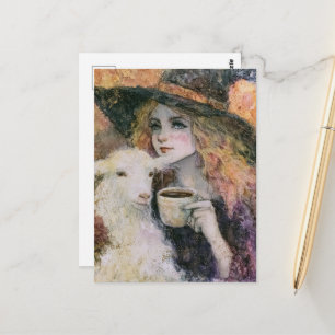 Postal Bruja Hermosa y Café de Cabra Angora Blanca