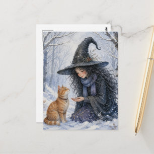 Postal Bruja Hermosa y Gato Rojizo en Bosque Invernal