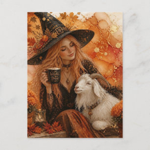 Postal Bruja Hermosa y su Cabra en Otoño
