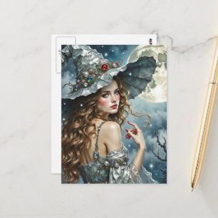 Postal Bruja impresionante con vestido y sombrero platead