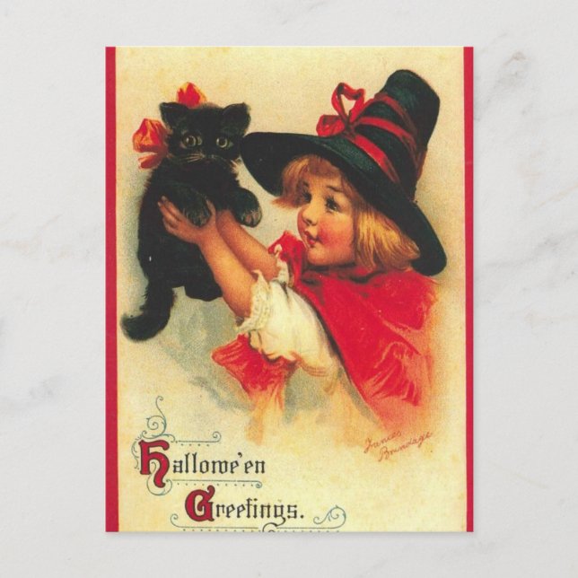 Postal Bruja Infantil Vintage Y Gato Negro (Anverso)