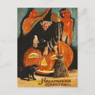 Postal Bruja Jack O Lantern Diablo Demonio Gato Negro