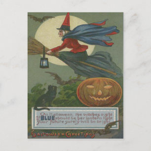 Postal Bruja Jack O Lantern Gato Negro Luna Llena