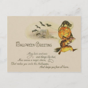Postal Bruja Jack O' Lantern Gato Negro Murciélago