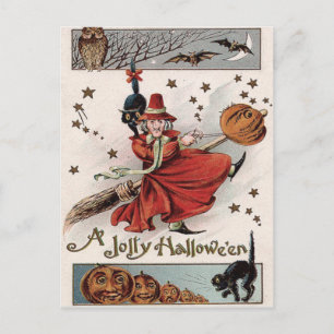 Postal Bruja Jack O Lantern Gato Negro Murciélago Búho