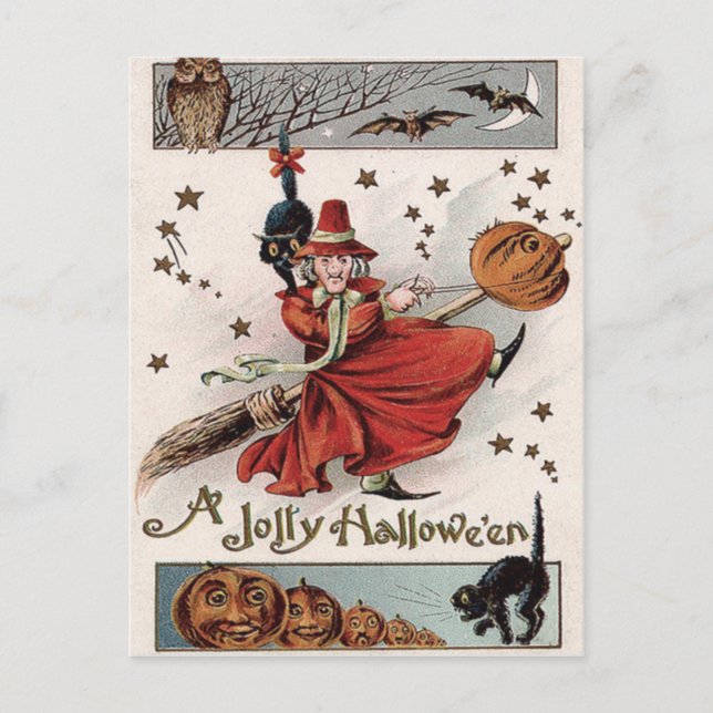 Postal Bruja Jack O Lantern Gato Negro Murciélago Búho (Anverso)