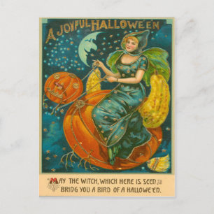 Postal Bruja Jack O Linterna Pájaro Calabaza Luna Crecien