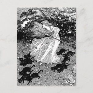 Postal Bruja joven y gatos negros