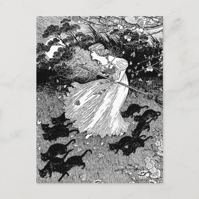 Postal Bruja joven y gatos negros (Anverso)