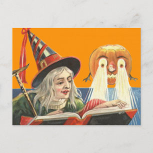 Postal Bruja Leyendo Calabaza de Jack O Lantern