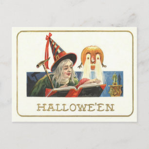 Postal Bruja leyendo una calabaza de Jack O Lantern