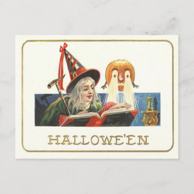 Postal Bruja leyendo una calabaza de Jack O Lantern (Anverso)