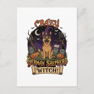 Postal Bruja Loca Perro Pastor Alemán Halloween Calabazas