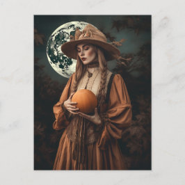 Postal Bruja Luna Llena Con Calabaza