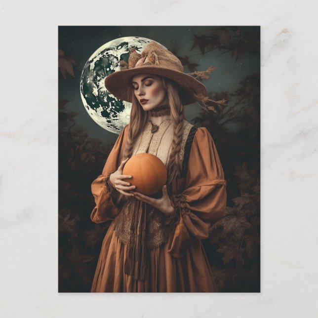 Postal Bruja Luna Llena Con Calabaza (Anverso)