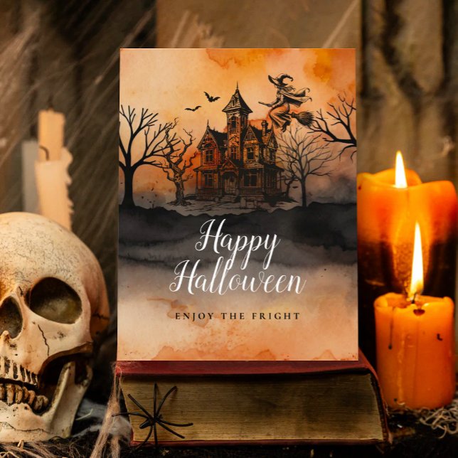 Postal Bruja Malvada Naranja Negro Casa Embrujada Hallowe (Subido por el creador)