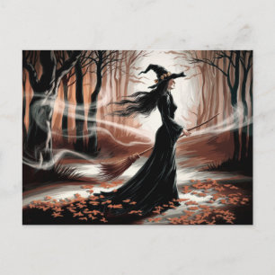 Postal Bruja moderna de Halloween en el bosque