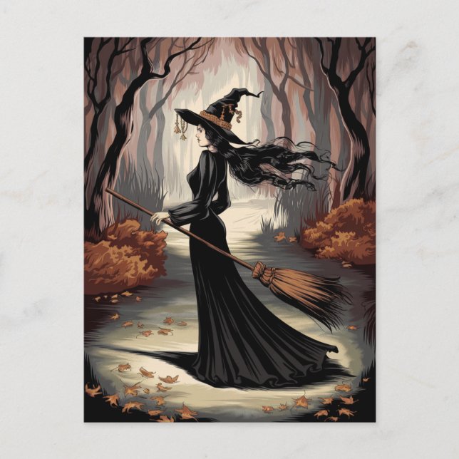 Postal Bruja moderna de Halloween en el bosque            (Anverso)