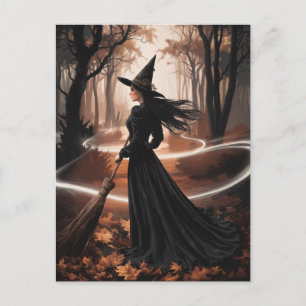 Postal Bruja moderna de Halloween en el bosque